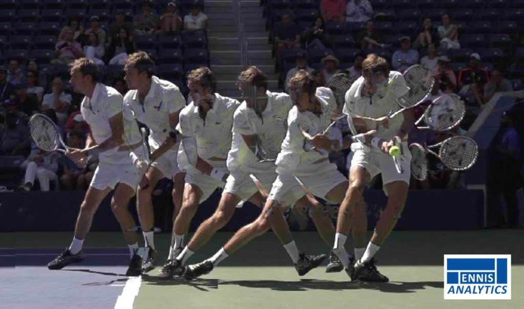 Daniil Medvedev moves backwards for a defensive backhand